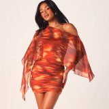 Print Slash Shoulder Ruched Mini Dress GDSF-Q26DS032
