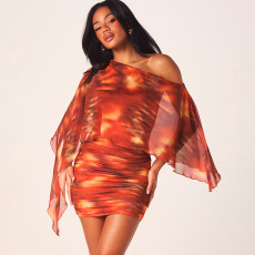 Print Slash Shoulder Ruched Mini Dress GDSF-Q26DS032