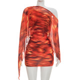 Print Slash Shoulder Ruched Mini Dress GDSF-Q26DS032