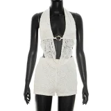 Lace Backless Halterneck Two Piece Shorts Set GDSF-J26ST162