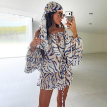 Stripe Print Mesh Loose Mini Dress(With Headscarf)GSZM-D26DS161