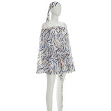 Stripe Print Mesh Loose Mini Dress(With Headscarf)GSZM-D26DS161