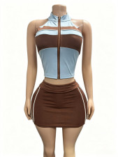 Zipper Sleeveless Contrast Color Two Piece Skirts Set GFCF-1493