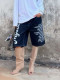 Plus Size Letter Print Washed Denim Shorts GYLN-0217