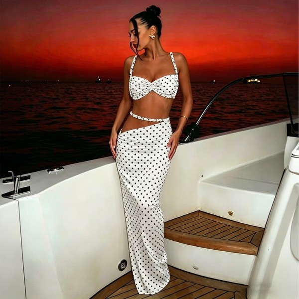 Polka Dots Print Backless Two Piece Skirts Set GYME-K6S07913A