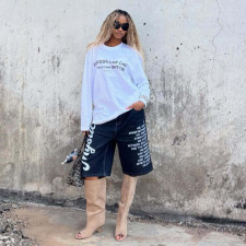 Plus Size Letter Print Washed Denim Shorts GYLN-0217