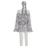Stripe Print Mesh Loose Mini Dress(With Headscarf)GSZM-D26DS161