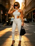 Polka Dots Print Wrap Chest Top Two Piece Pants Set  GFCF-1494