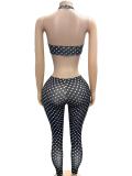 Polka Dots Print Wrap Chest Top Two Piece Pants Set  GFCF-1494