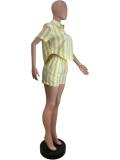 Stripe Color Block Shirt Two Piece Short Set QODY-6075