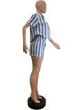 Stripe Color Block Shirt Two Piece Short Set QODY-6075