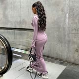 Solid Color Long Sleeve Split Maxi Dress SHD-8011