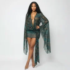 Mesh Deep V Neck Print Mini Dress GSZM-J26DS170