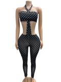 Polka Dots Print Wrap Chest Top Two Piece Pants Set  GFCF-1494