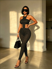 Polka Dots Print Wrap Chest Top Two Piece Pants Set  GFCF-1494