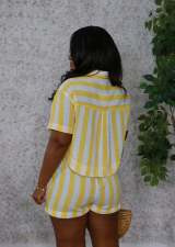 Stripe Color Block Shirt Two Piece Short Set QODY-6075