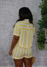 Stripe Color Block Shirt Two Piece Short Set QODY-6075