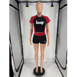 Letter Leopard Print Sport Two Piece Shorts Set FOSF-8859