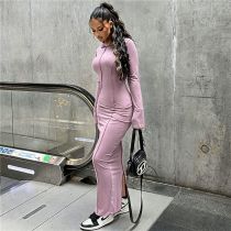 Solid Color Long Sleeve Split Maxi Dress SHD-8011