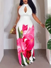 Plus Size Floral Print Hollow Out Maxi Dress GAWE-6747