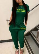 Letter Print Short Sleeve Two Piece Pants Set SHD-8004