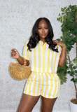 Stripe Color Block Shirt Two Piece Short Set QODY-6075