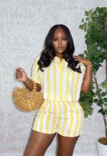 Stripe Color Block Shirt Two Piece Short Set QODY-6075