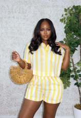 Stripe Color Block Shirt Two Piece Short Set QODY-6075