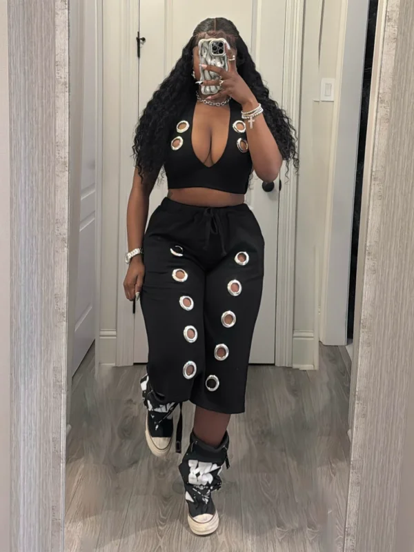 Halterneck Backless Vest Loose Two Piece Pants Set SFY-876