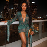 Mesh Deep V Neck Print Mini Dress GSZM-J26DS170
