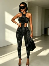 Polka Dots Print Wrap Chest Top Two Piece Pants Set  GFCF-1494