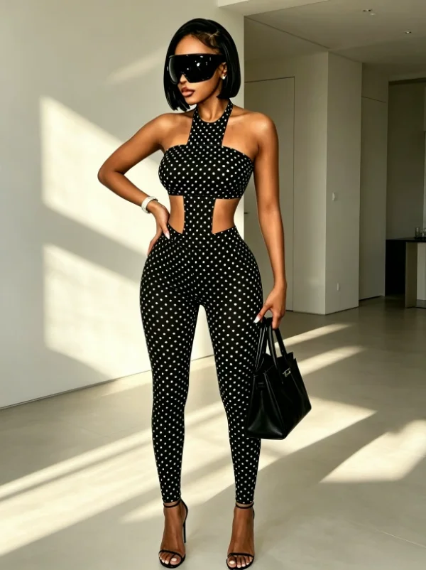 Polka Dots Print Wrap Chest Top Two Piece Pants Set  GFCF-1494