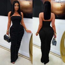 Solid Color Ruched Tube Top Maxi Dress GFYX-7669