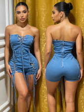 Sexy Wrap Chest Tie Up Denim Romper GAKF-60304