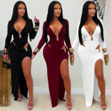 Sexy V Neck Solid Color Split Maxi Dress GFYX-7631