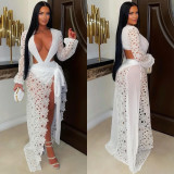 Mesh Lace Deep V Neck Split Bodysuit Long Skirt Suit GFYX-7707