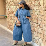 Short Sleeve Single Breated Button Denim Jumpsuit GAKF-60211