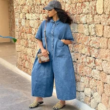 Short Sleeve Single Breated Button Denim Jumpsuit GAKF-60211