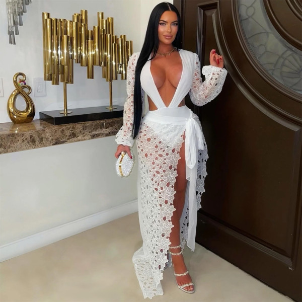 Mesh Lace Deep V Neck Split Bodysuit Long Skirt Suit GFYX-7707