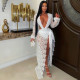 Mesh Lace Deep V Neck Split Bodysuit Long Skirt Suit GFYX-7707