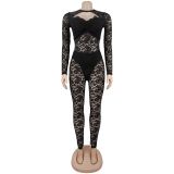 See Through Lace Long Sleeve Jumpsuit GFYX-7637