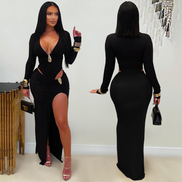 Sexy V Neck Solid Color Split Maxi Dress GFYX-7631