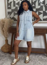 Plus Size Loose Lapel Sleeveless Denim Romper GAKF-60601