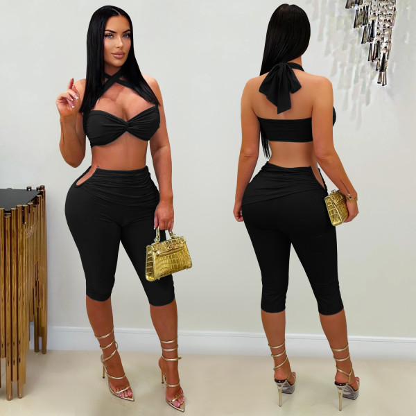 Solid Color Tie Up Two Piece Pants Set GFYX-7673