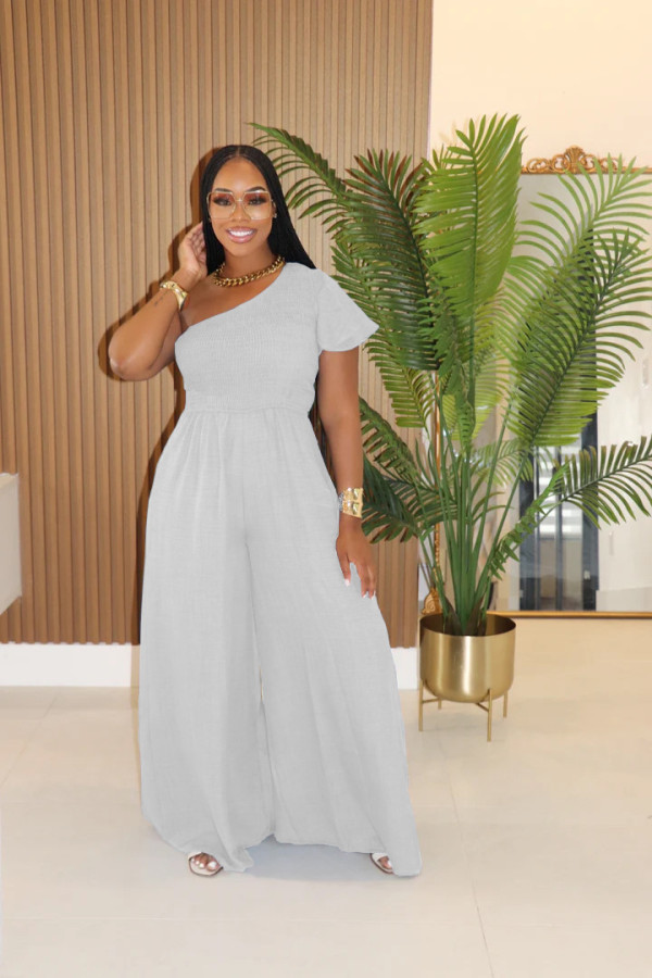Solid Color Slash Shoulder Loose Jumpsuit XHXF-483