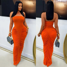 Solid Color Ruched Tube Top Maxi Dress GFYX-7669