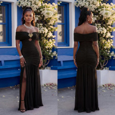 Off Shoulder Solid Color High Split Maxi Dress GFYX-7661