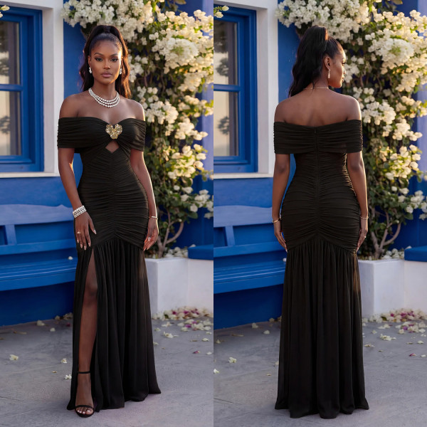 Off Shoulder Solid Color High Split Maxi Dress GFYX-7661