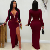Sexy V Neck Solid Color Split Maxi Dress GFYX-7631