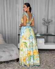 Colorful Print Deep V Neck Maxi Dress XHXF-487